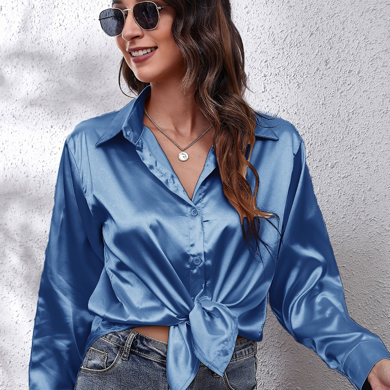 Women's Satin Shirt Long Sleeve Solid Color Lapel Collar Regular Length Single Breasted Elegant Polyester