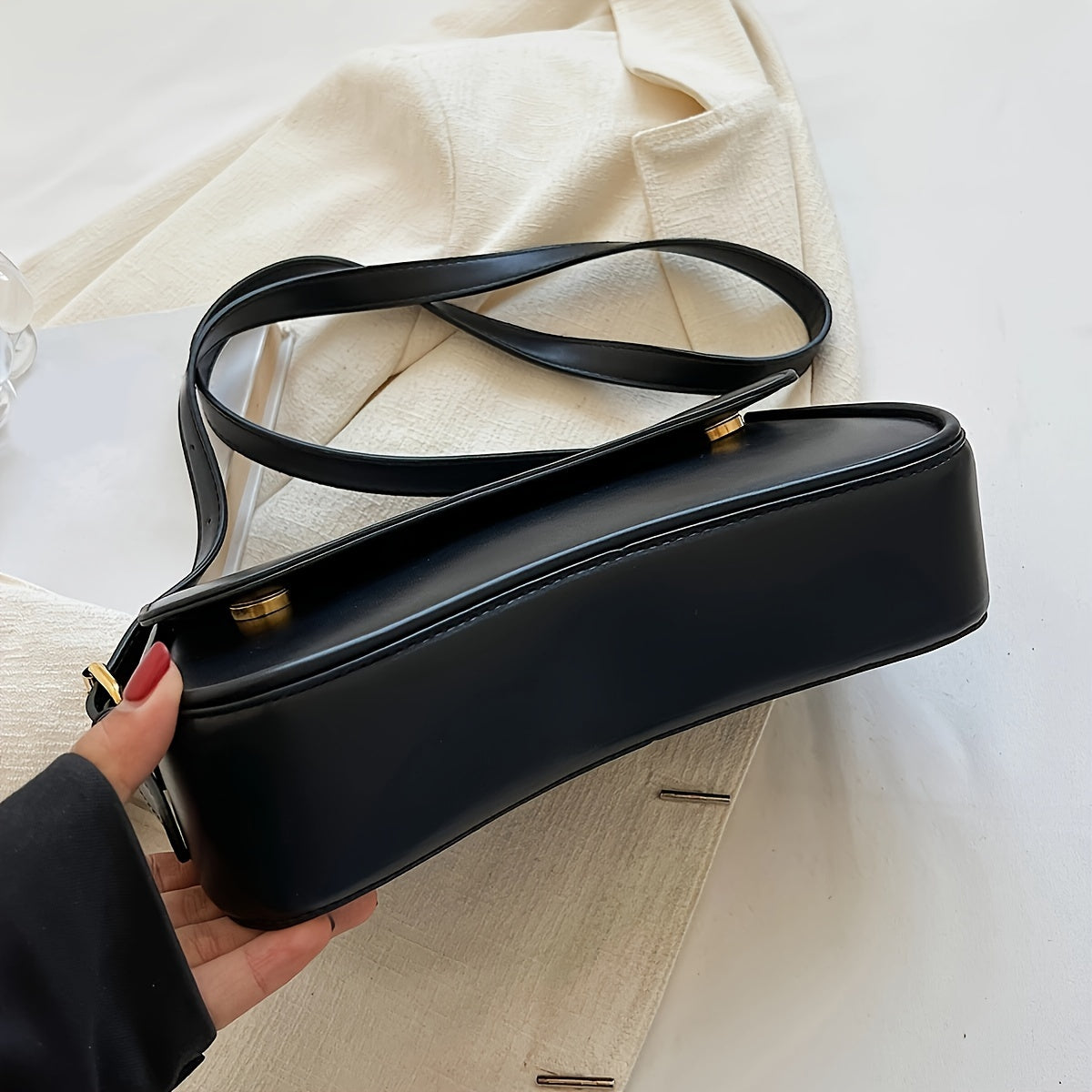 Black Baguette Bag for Women with Adjustable Strap and Gold Hardware