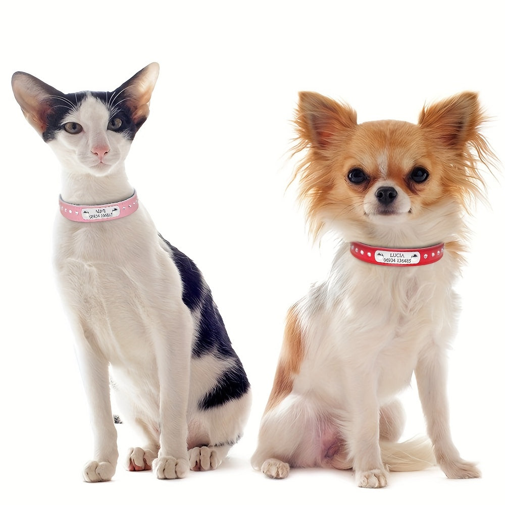 Leather Pet Collar for Small Dogs and Kittens Adjustable with Nameplate and Free Engraving