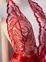 Body de encaje de talla grande con detalle de lazo y patrón floral para mujer