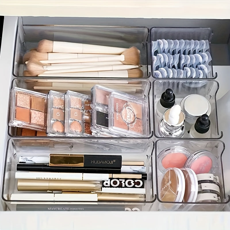 7-Piece Clear Plastic Makeup Organizer Set with Stackable Drawers for Countertop Storage