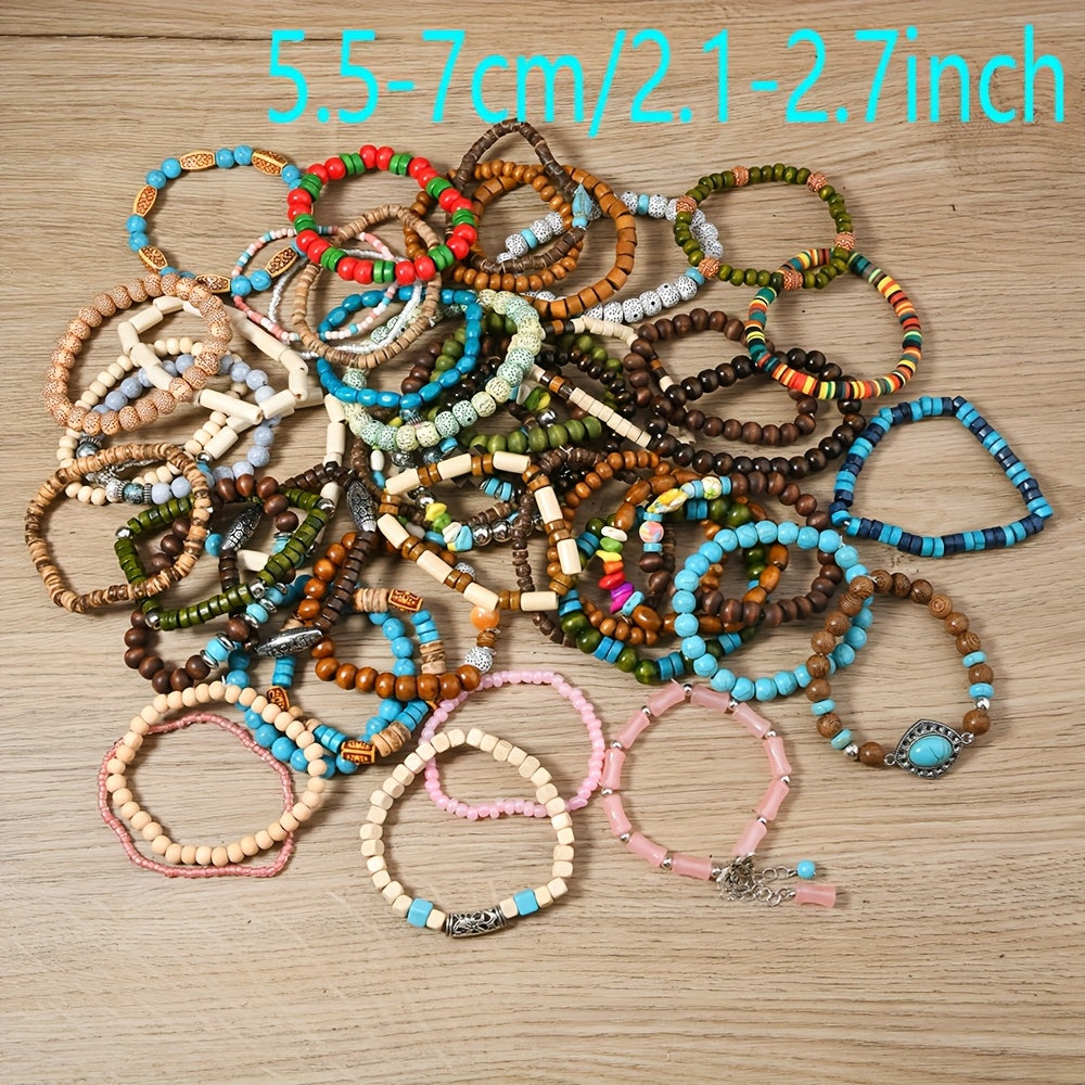 Set of 12 or 24 Autumn Winter Wooden Bead Stackable Elastic Wire Bracelets for Women