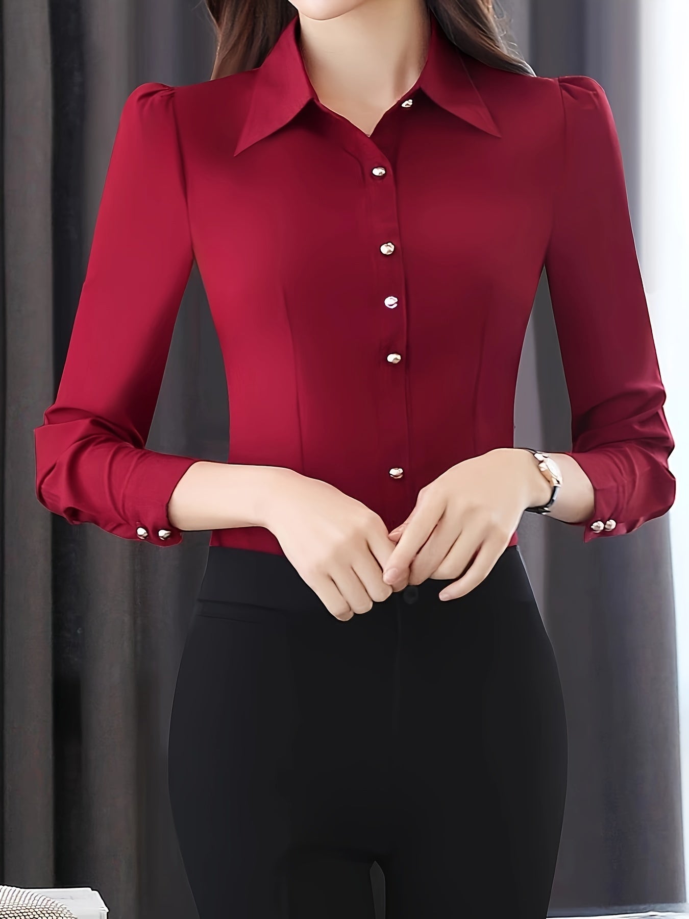 Women's Long Sleeve Blouse Solid Color Square Neck Single Breasted Regular Fit Casual Wear