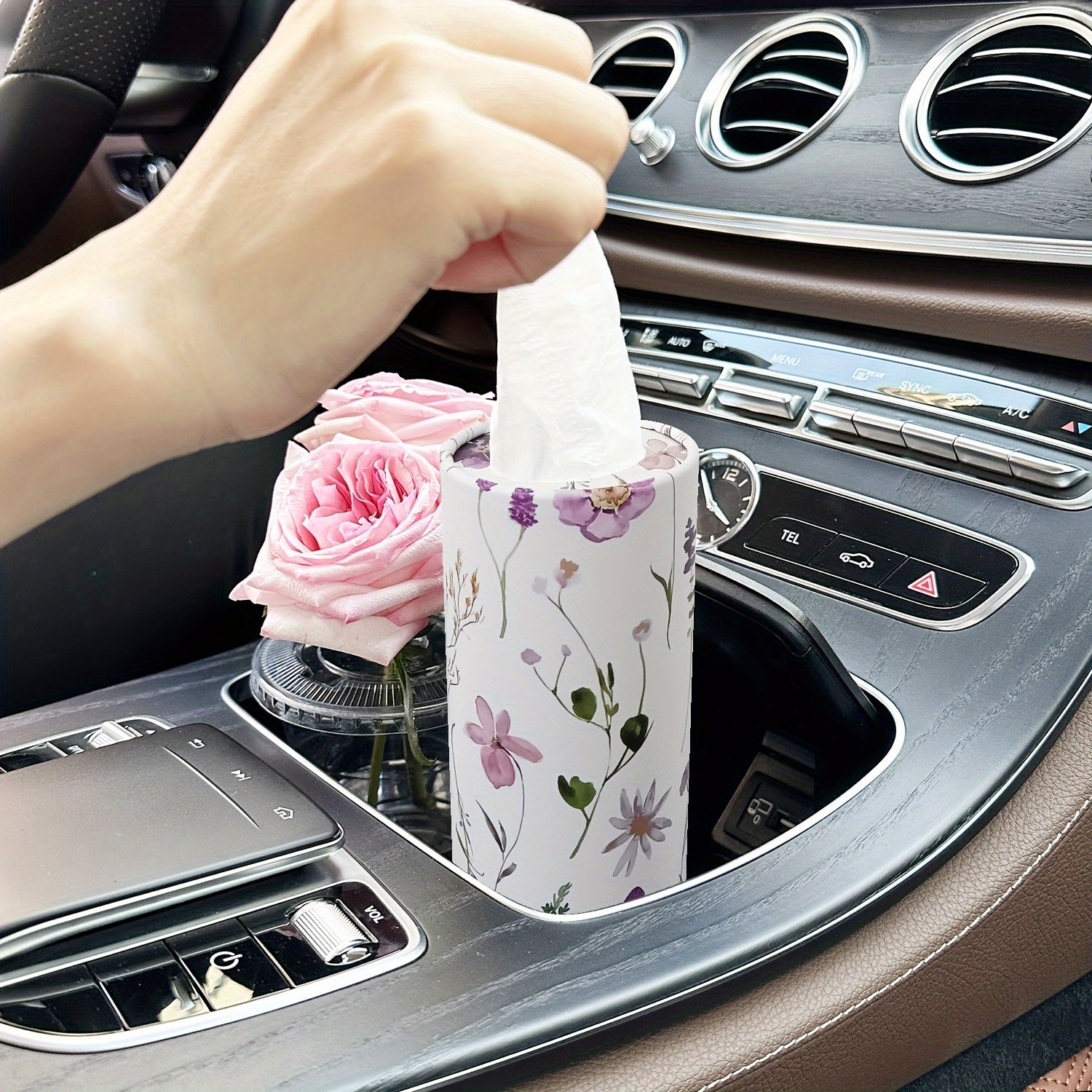 Car Floral Pattern Tissue Holder with Tissue Box for Travel, Home Use