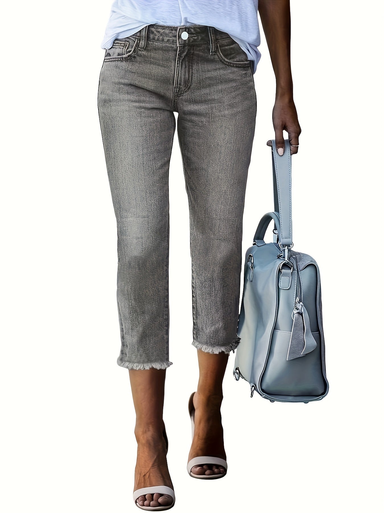 Pantalones capri de mezclilla elástica para mujer talla grande gris vaqueros ajustados casuales de verano