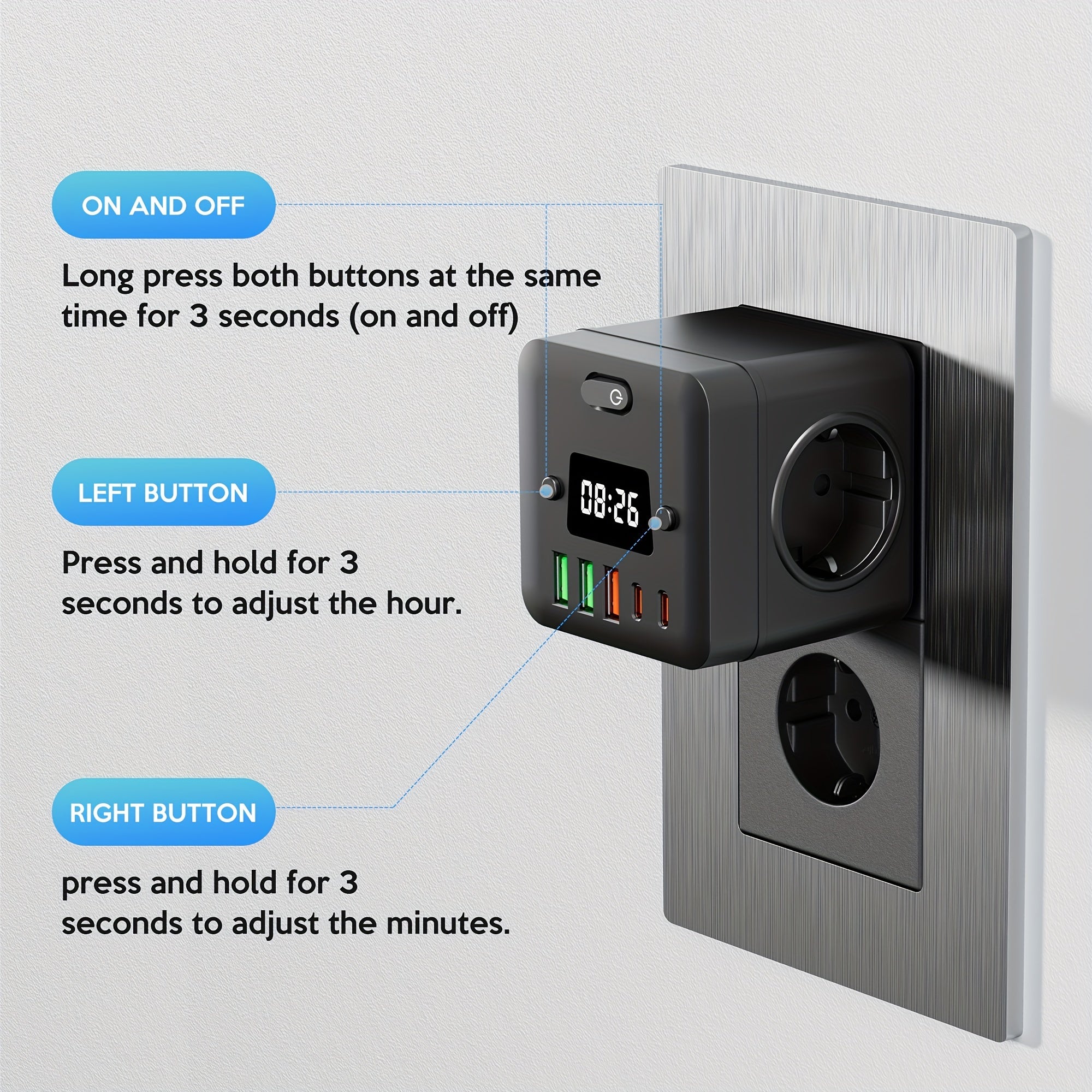 9-in-1 Power Strip with Clock 3 EU Outlets 3 USB-A Ports 2 USB-C Ports Overload Protection Wall Mountable