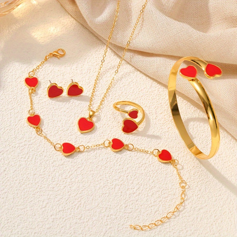 Women Sparkling Heart Jewelry Set 5 Pieces Necklace Bracelet Ring Earrings Gift