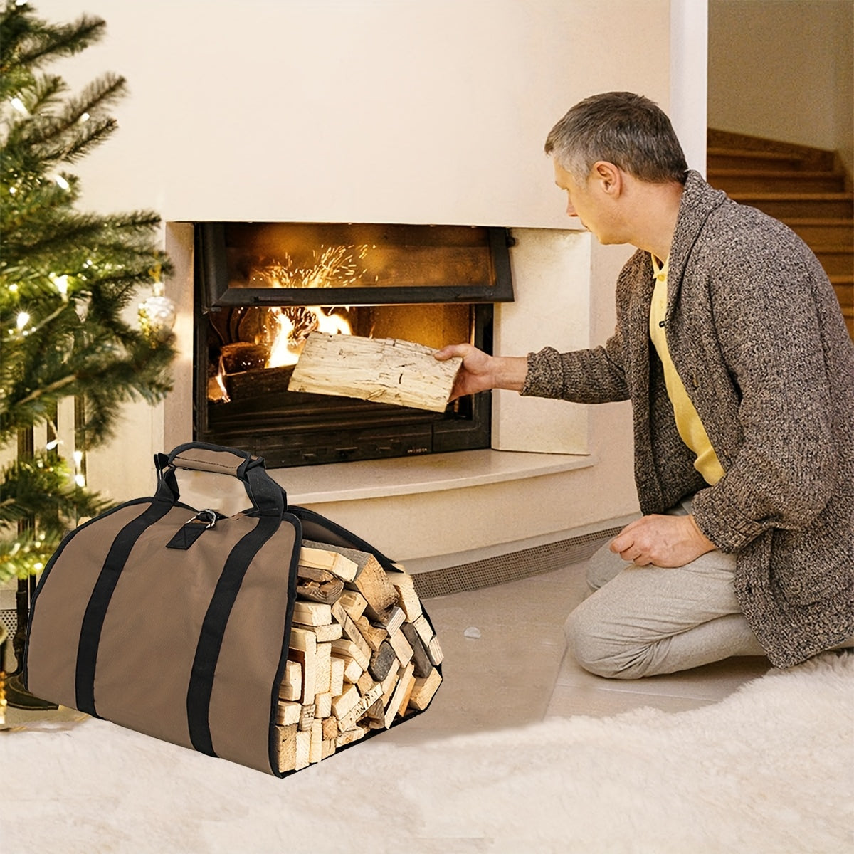 Canvas Log Carrier Bag Firewood Tote with Handles and Security Strap