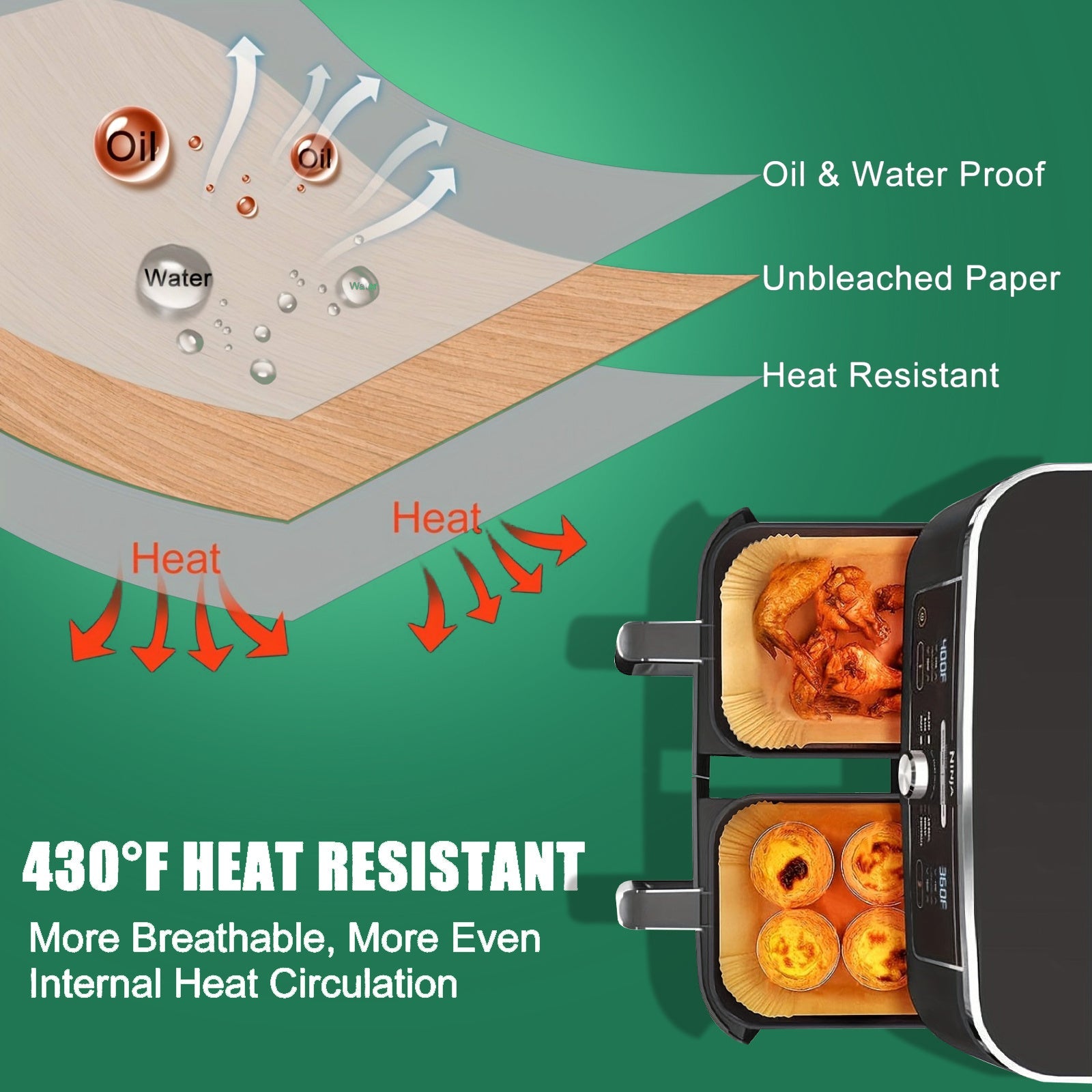 100 dona yopishmaydigan qog'oz varaqalari, havo fritözlari uchun pishirish va pishirish