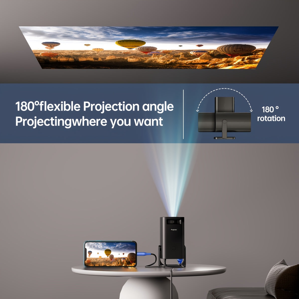 Proyector inteligente portátil para cine en casa, oficina y reuniones, rotación de 180°