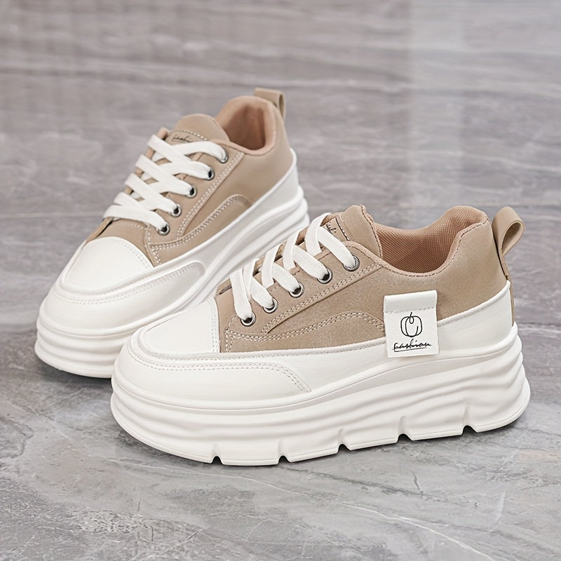 Women's Casual Low-Top Sneakers Thick Rubber Sole Lace-Up White Brown Shoes