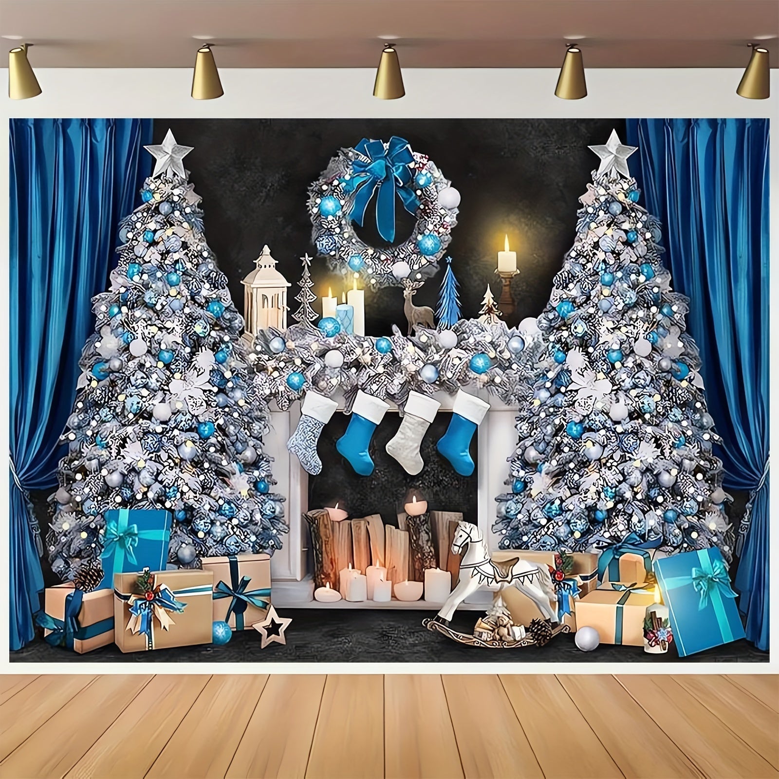 Blue and White Christmas Mantelpiece Scene with Presents and Tree for Holiday Decor
