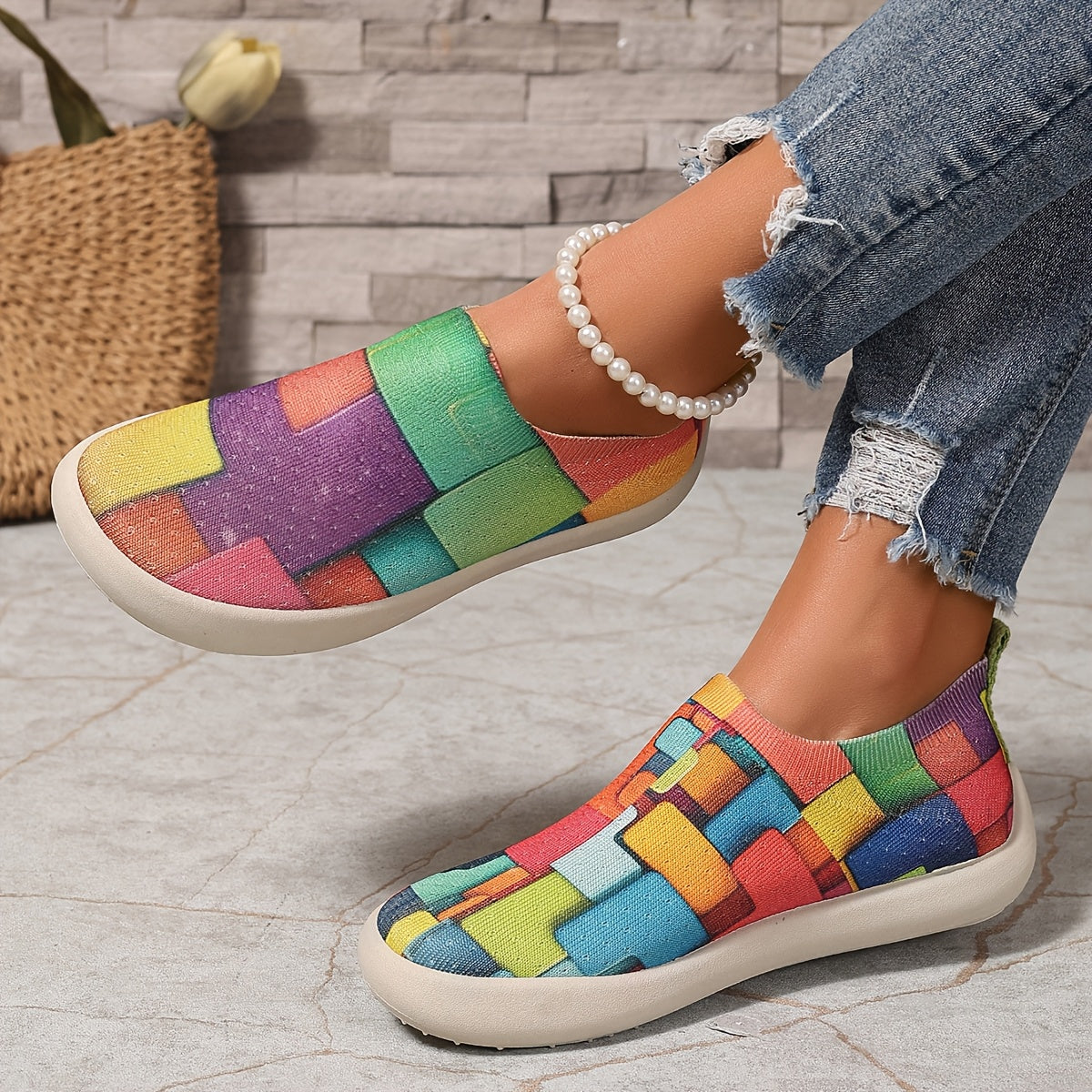 Zapatillas slip-on coloridas con diseño geométrico para mujer, transpirables y casuales