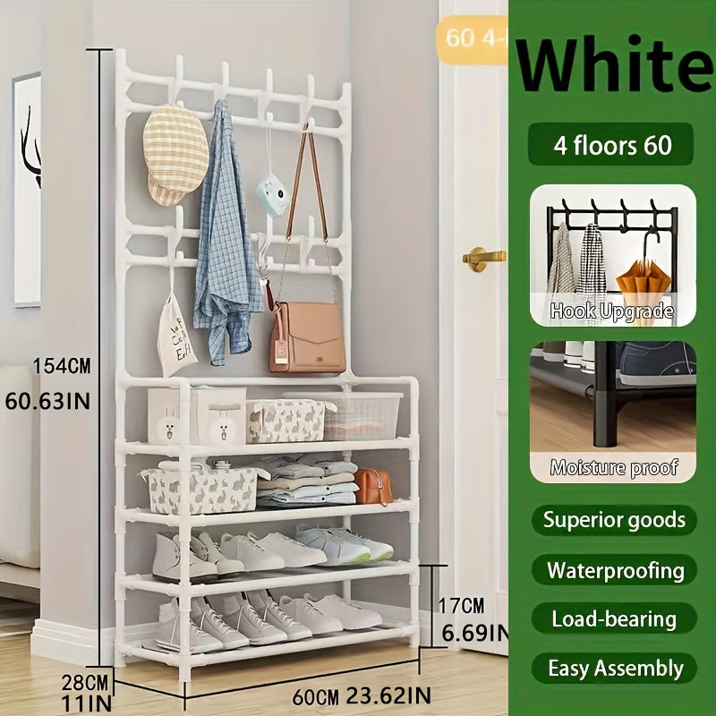 Metal Entryway Storage Rack with Shoe Shelves Hooks and Coat Stand in White or Black