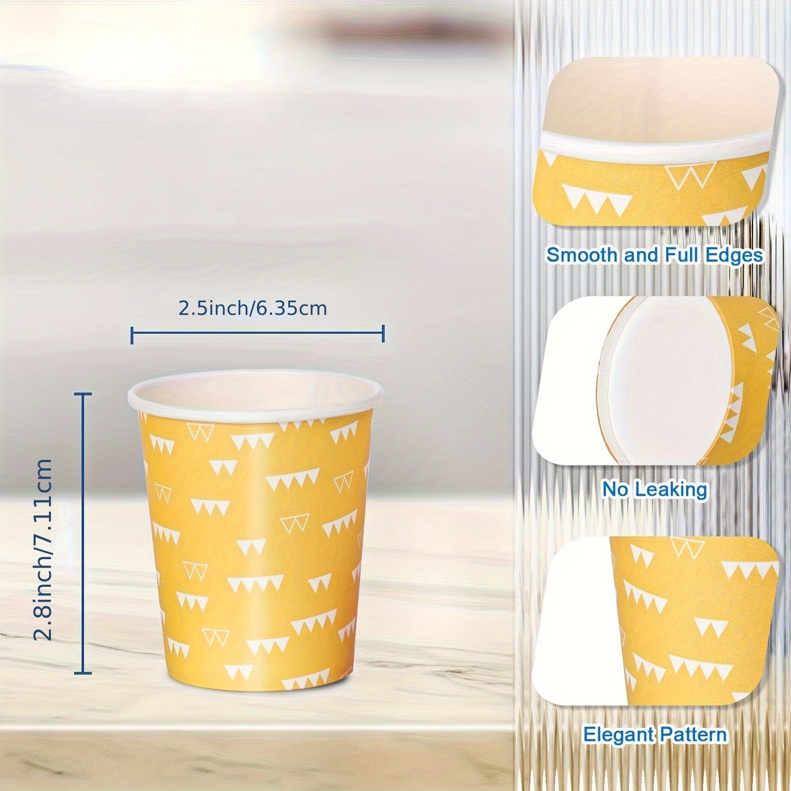 Yuqori sifatli, suv o'tkazmaydigan va BPA-siz 5 untsiya sig'imli bir martalik qog'oz stakanlar. Partiyalar, pikniklar, barbekyu va sayohatlar uchun juda mos keladi. Zamonaviy ko'k va yashil geometrik dizaynga ega.