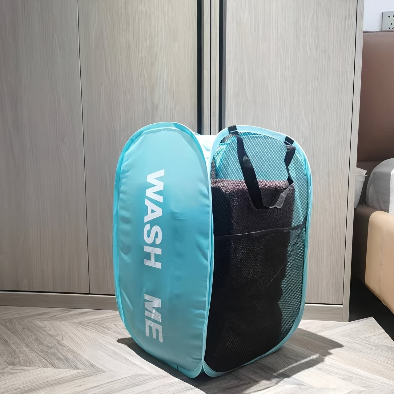 Gray Foldable Laundry Basket with "Wash Me" Print, Multi-Compartment, Portable