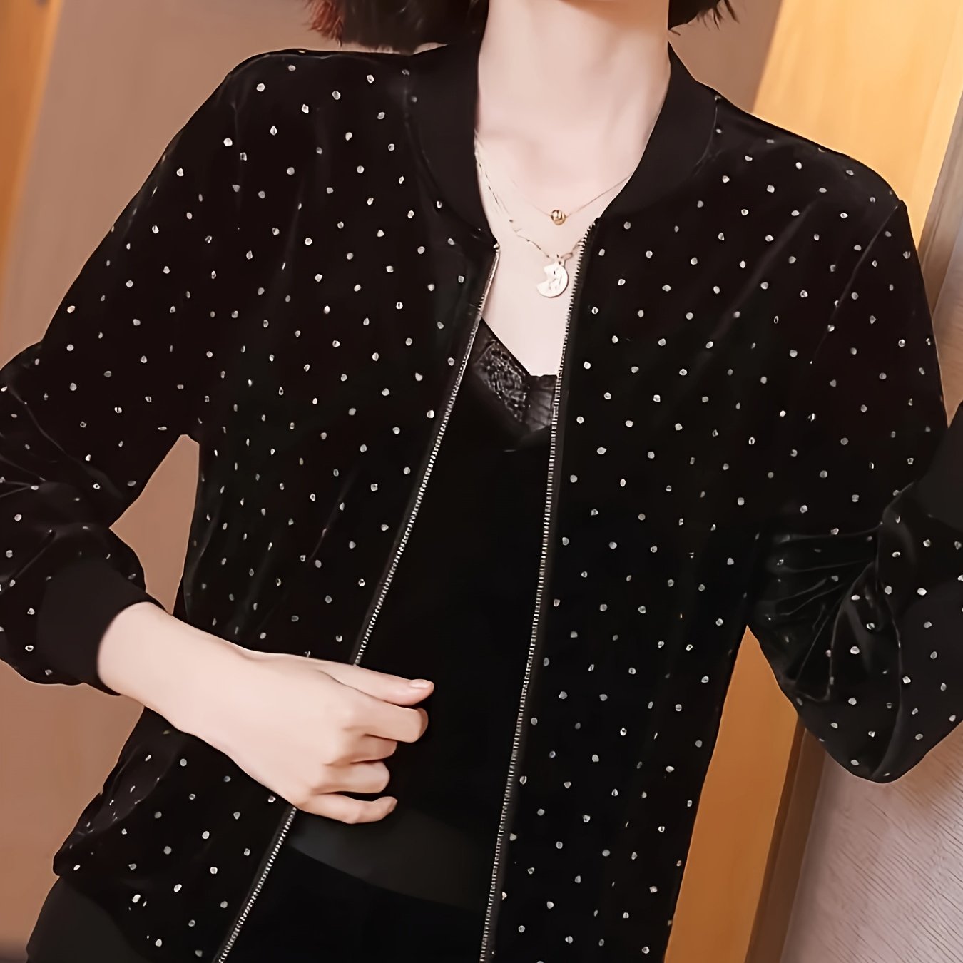 Women's Lightweight Bomber Jacket with Rhinestone Dot Design Sun Protection Spring Fall