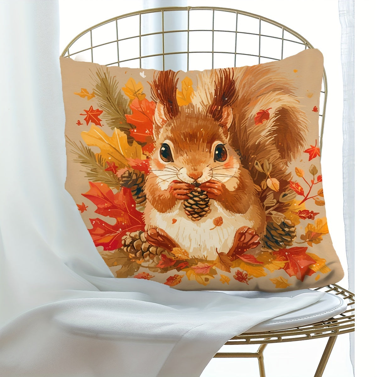 Autumn Squirrel Pillow Cover Sunflower Maple Leaf Decor 44.96cm Square