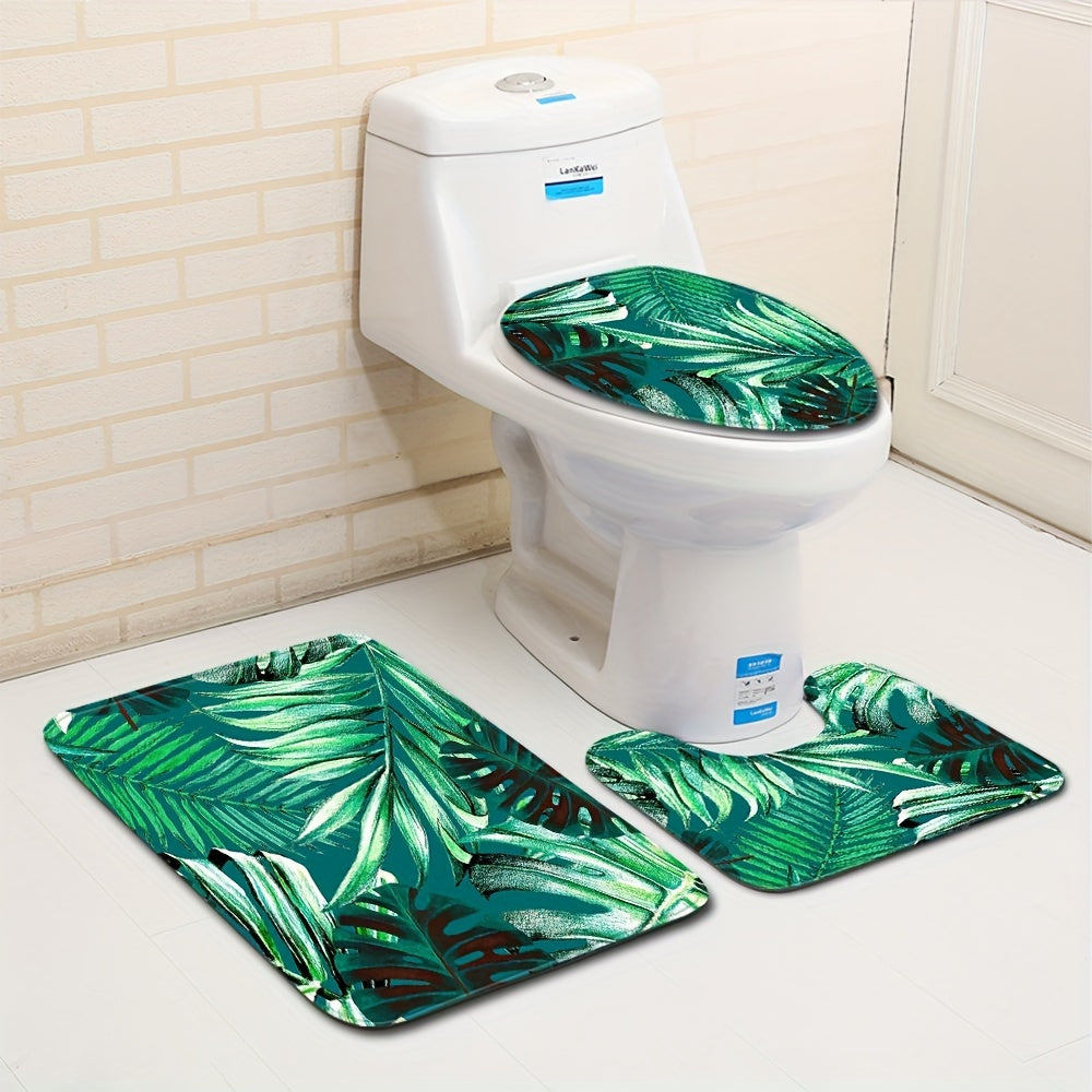 Set of 3 Green Leaf Pattern Bathroom Mats Water Absorbent Non-slip Machine Washable
