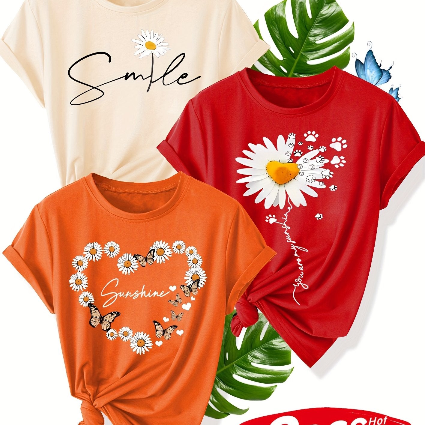 Women's Cotton Butterfly Pattern T-Shirt Summer Casual Short Sleeve