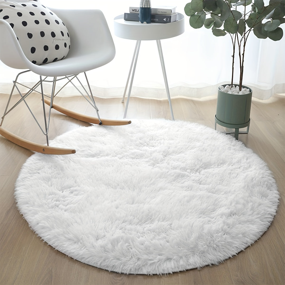 Pure White Silk Circular Rug, Soft Non-Slip Polyester Mat for Living Room Bedroom Yoga