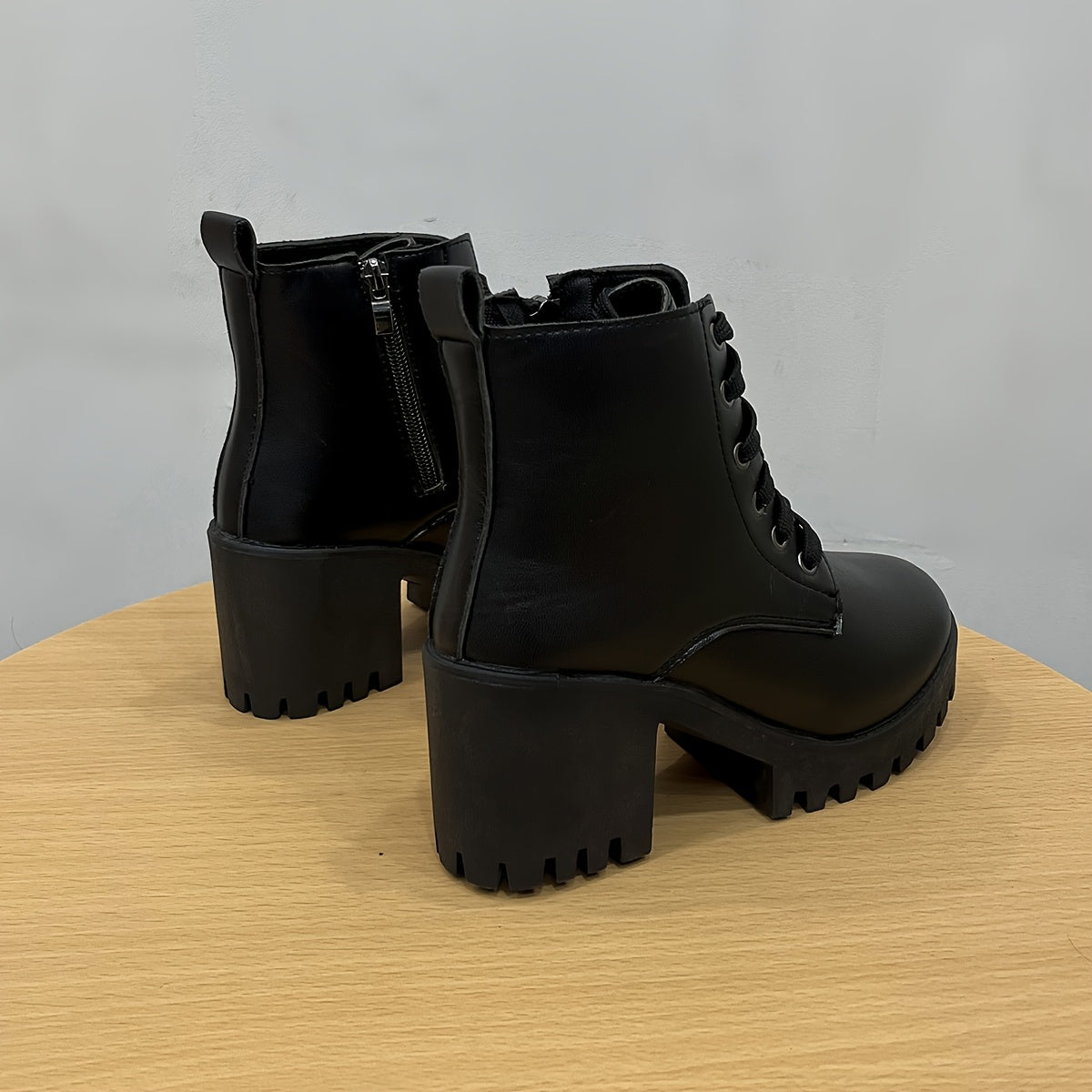 Women's Faux Leather Western Ankle Boots with Chunky Heel and Lace-Up Design