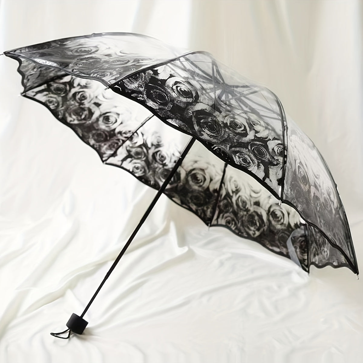Transparent PVC Tri-Fold Butterfly Rose Umbrella with Arched Handle