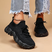 Women’s Breathable Knit Casual Sneakers Black Low-Top Cushioned Shoes