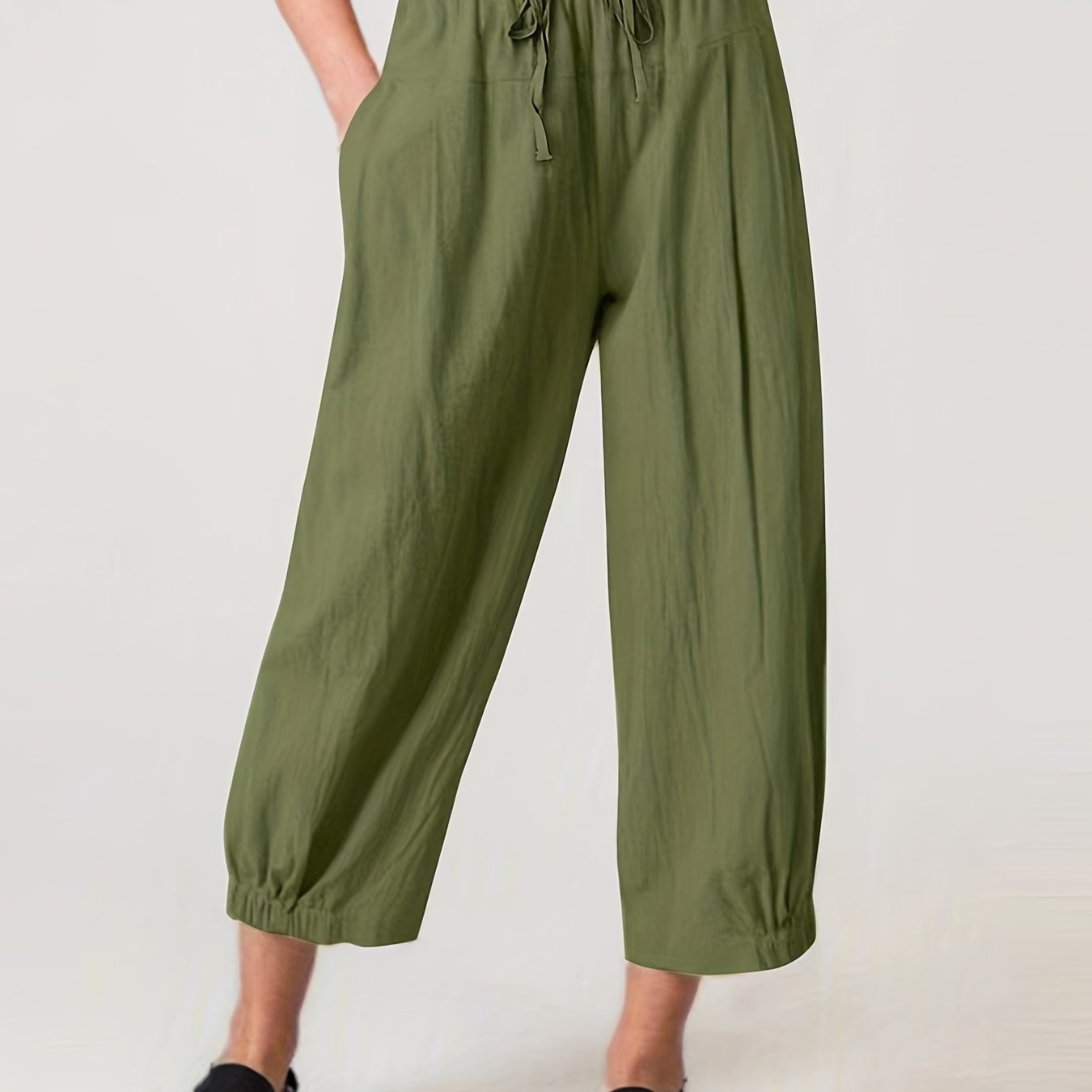 Women's Solid Color Straight-Leg Pants with Elastic Waist and Pockets