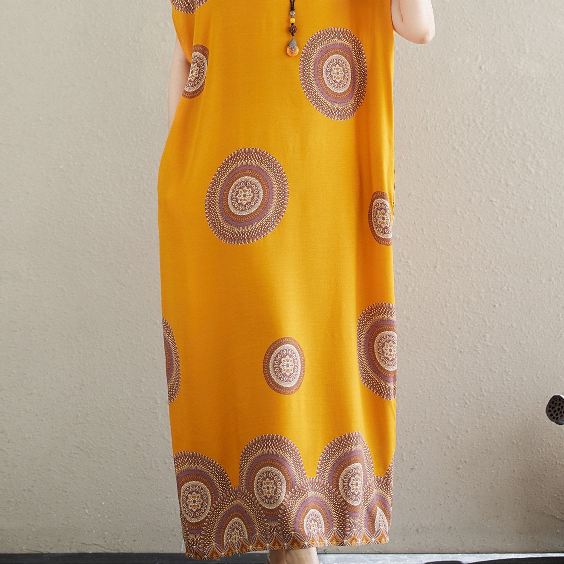 Plus Size Bohemian Rayon Maxi Dress V-Neck with Pockets All-Season Yellow