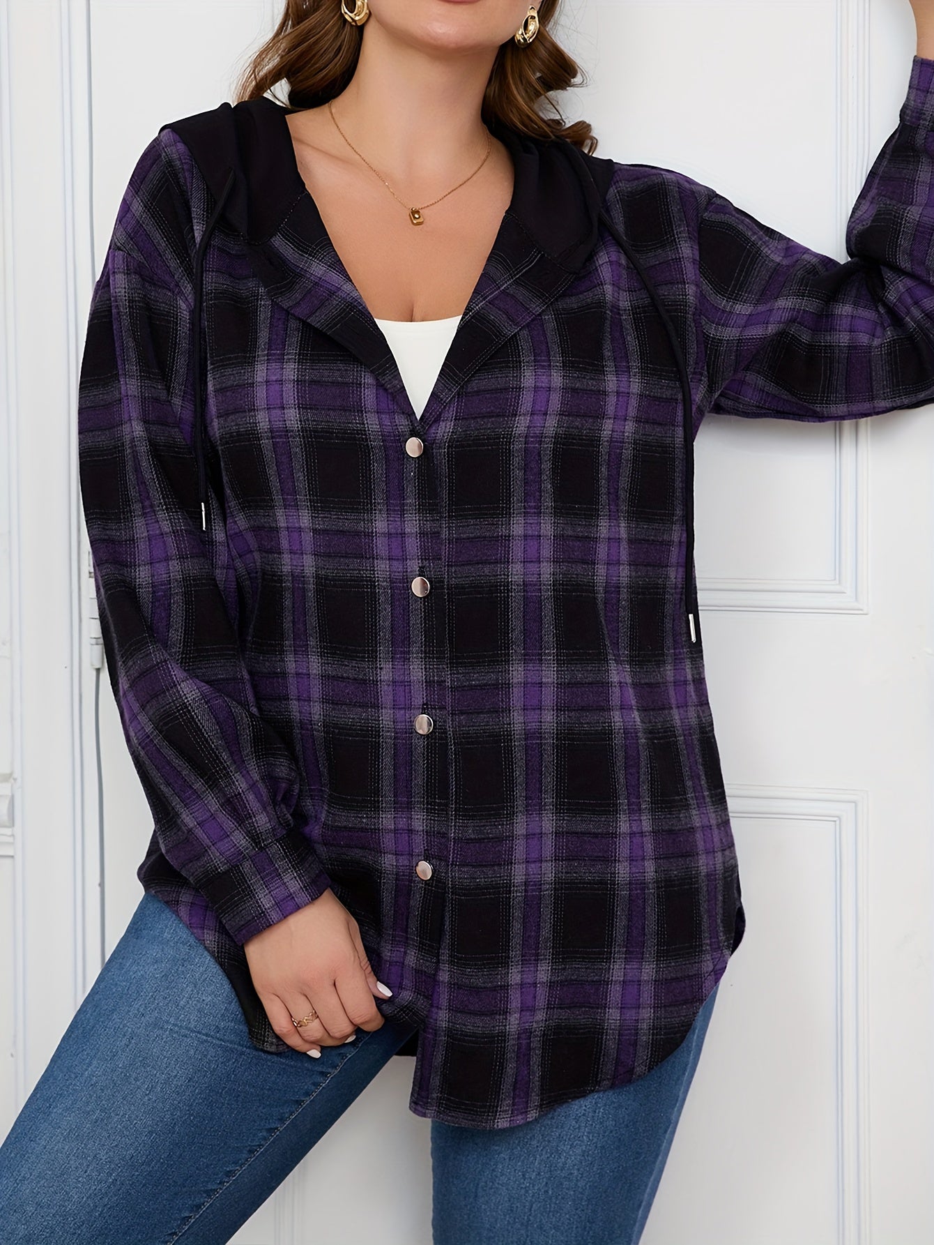 Plus Size Womens Casual Plaid Hooded Shirt Long Sleeve Button Top