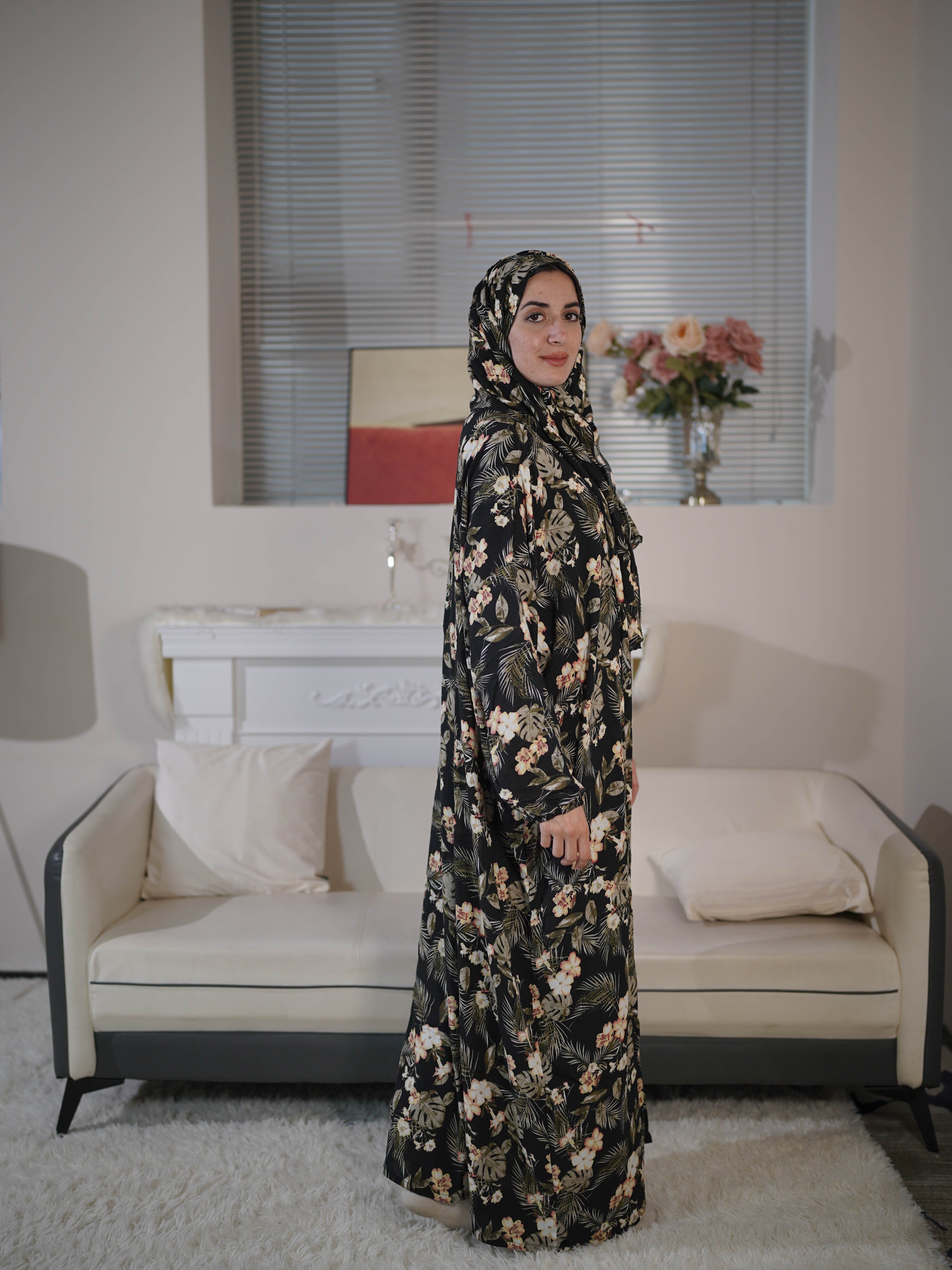 Women Rayon Floral Print Hijab Dress with Scarf Integration