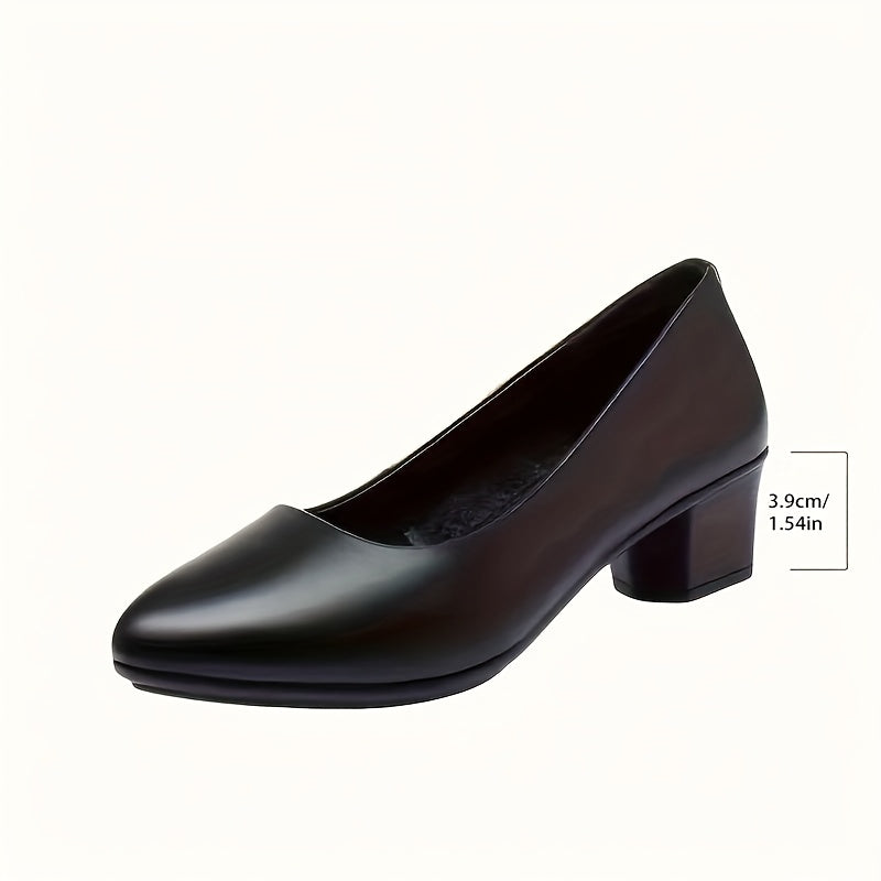 Women's Black Mid Heel Pumps with Block Heel and Plain Toe