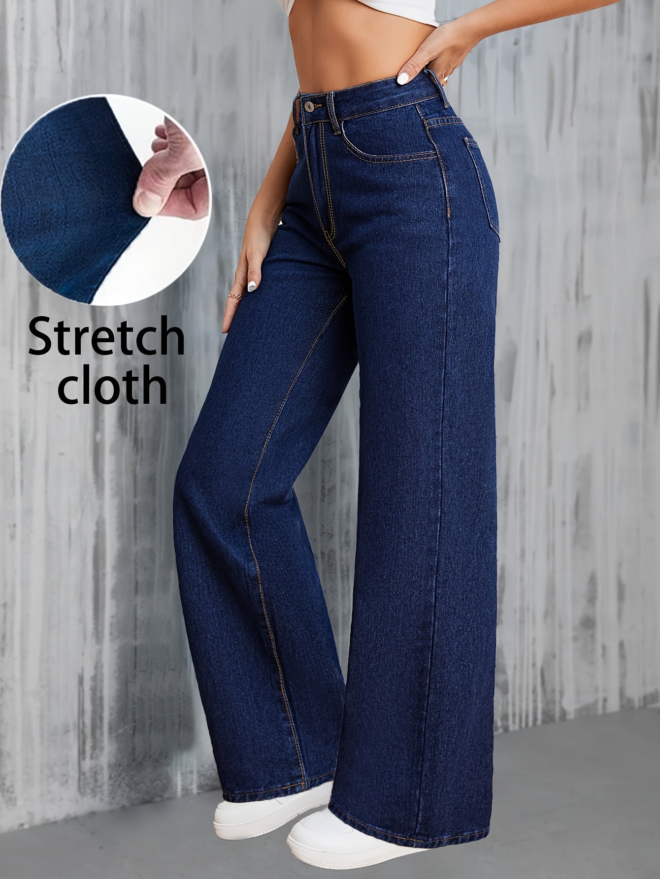Women’s High-Waisted Wide Leg Denim Jeans Solid Color Casual Pants