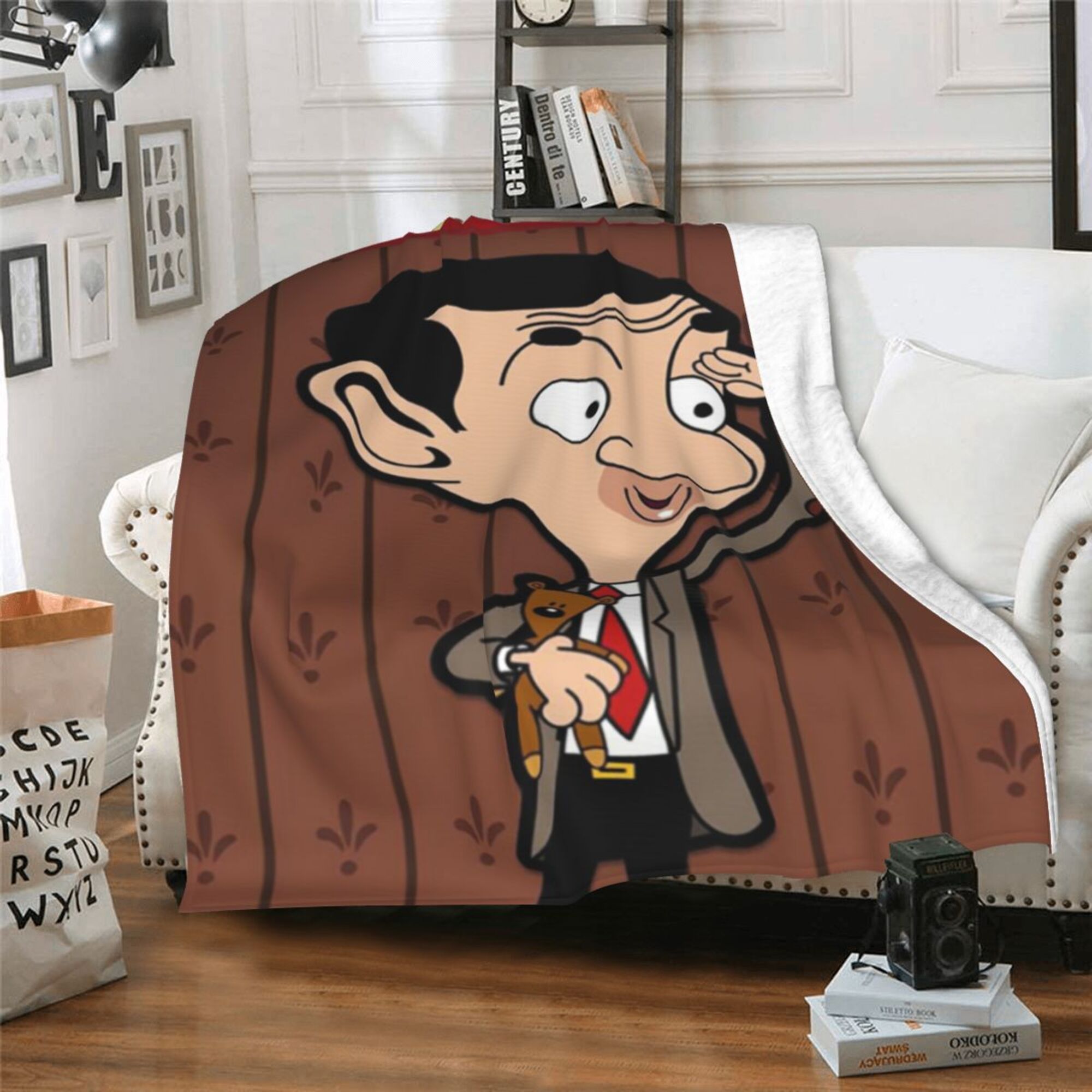 Soft Polyester Cartoon Mr Bean Flannel Nap Blanket for Office Naps and Relaxation