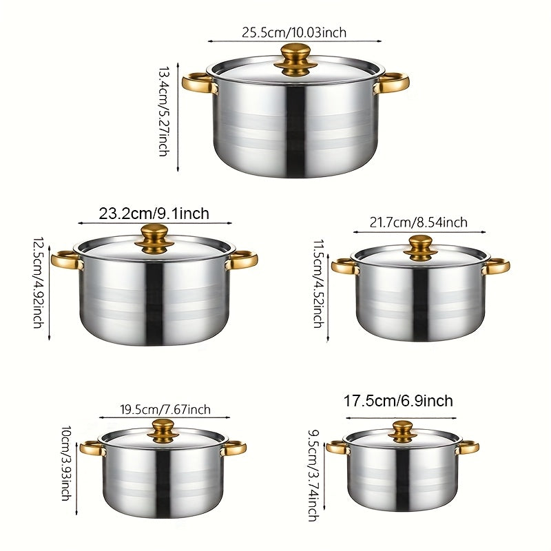 Stainless Steel Cookware Set 10 Pieces with 5 Pots and Lids for Soup Hot Pot Noodles