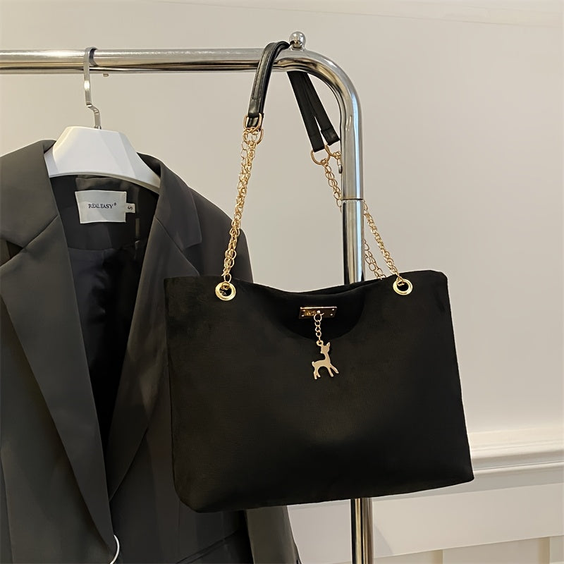Casual Faux Leather Tote Bag with Deer Charm Large Capacity Lightweight Fixed Straps Magnetic Closure for Women