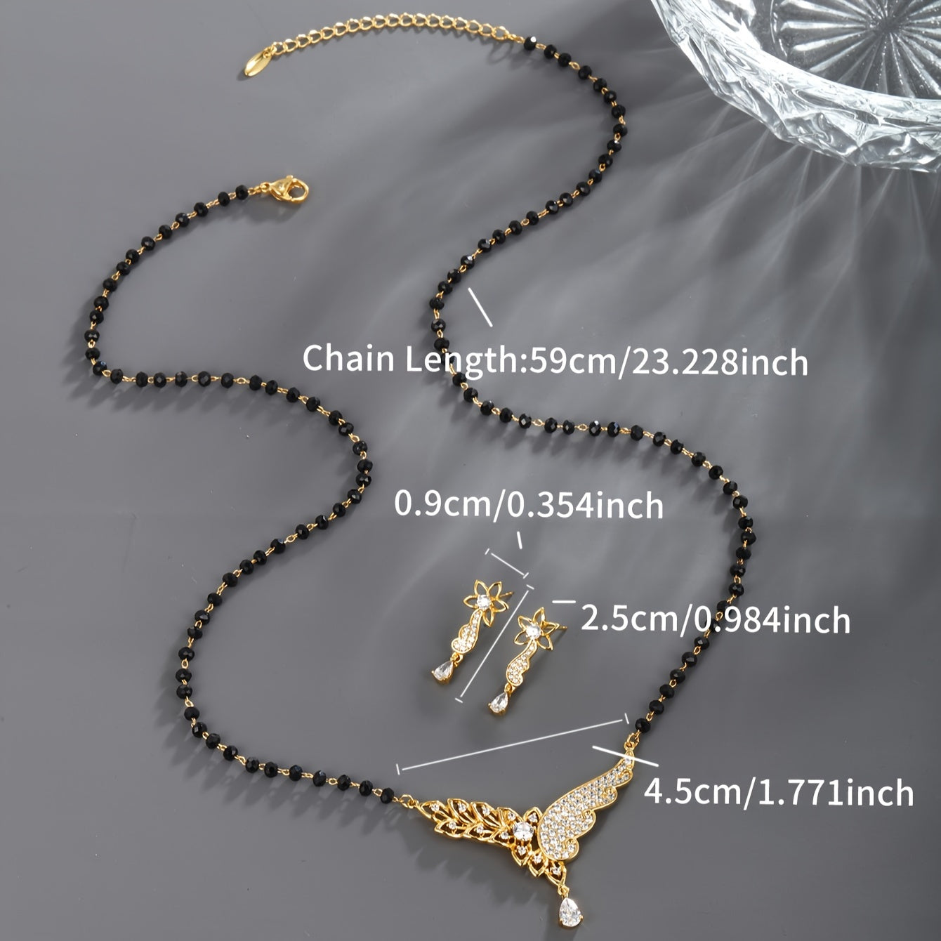 Vintage Copper Jewelry Set with Synthetic Zirconia Winged Pendant Necklace and Earrings for Women