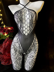 Women's Sleeveless Lace Bodysuit with Fishnet Detail Sheer Nylon Elastane
