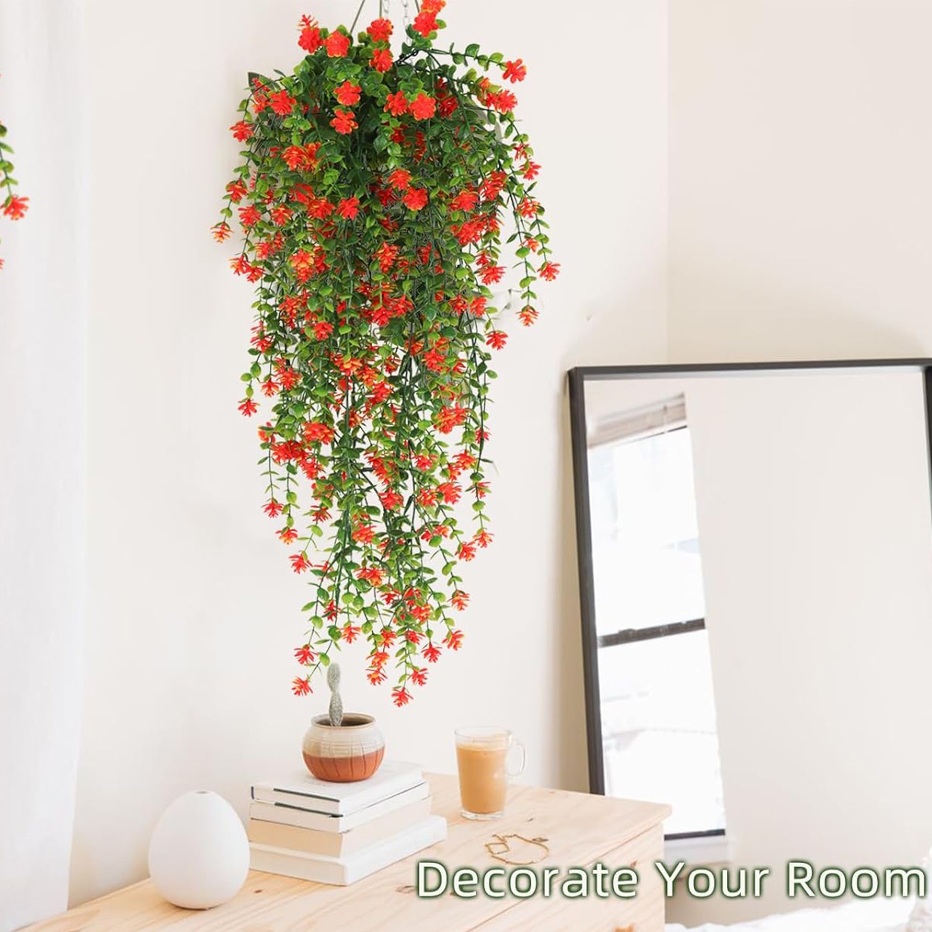 Artificial Eucalyptus Camellia Hanging Plants with Red Flowers for Indoor Outdoor Decor