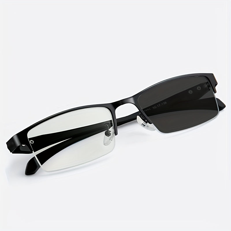 Unisex Semi-Rimless Rectangular Reading Glasses Resin Photochromic Multifocal Blue Light Protection
