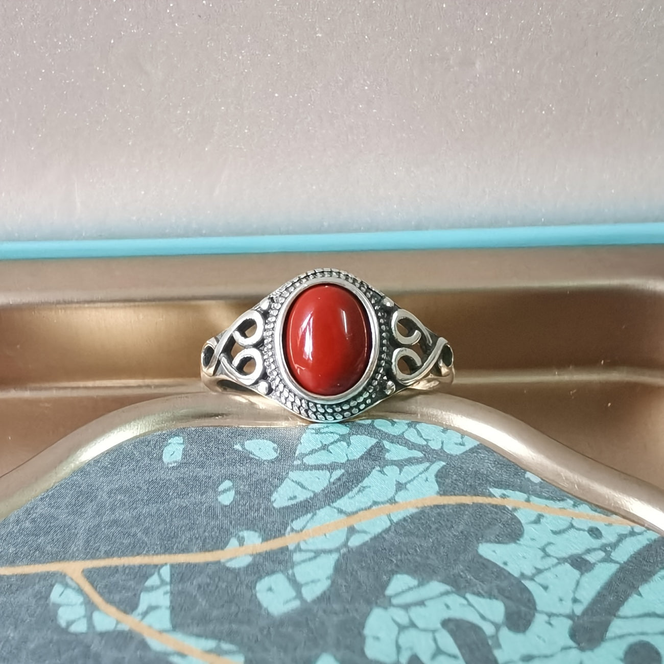Women's Ring Retro Ethnic Style Silver Inlay Red Coral Stone Gift