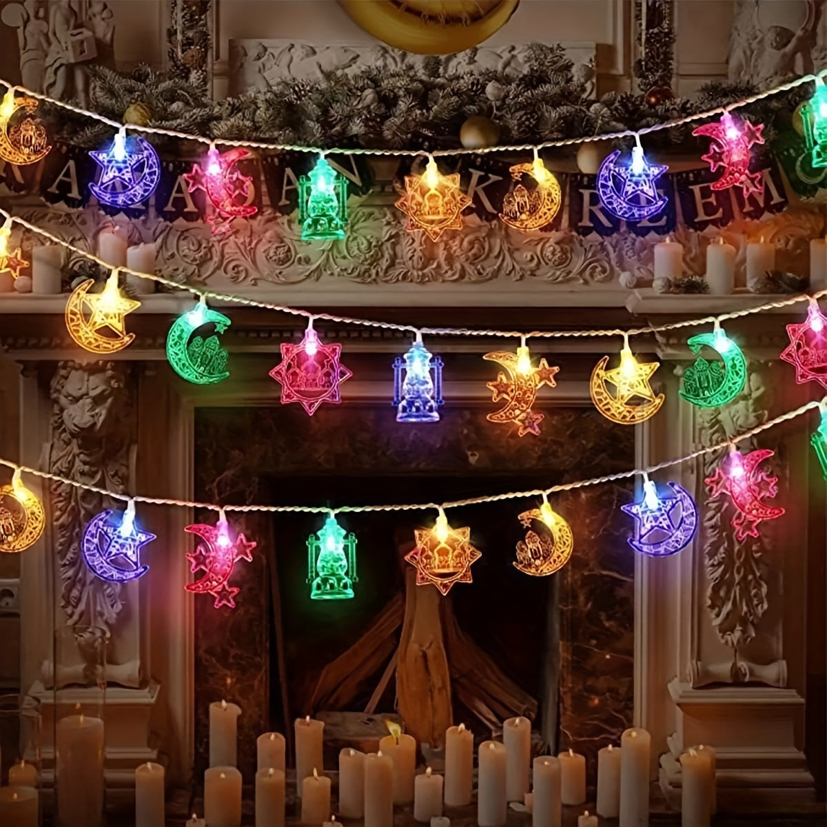 Battery-Powered LED String Lights with Palace Lanterns Stars Moon Castle Design for Festivals and Celebrations