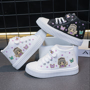 Girls' Canvas High-Top Sneakers with Cartoon Pattern, Breathable, Durable Sole