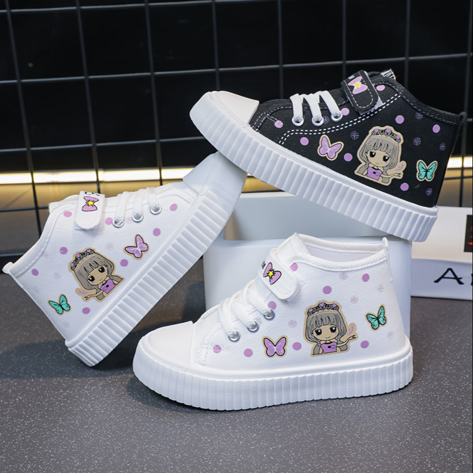 Girls' Canvas High-Top Sneakers with Cartoon Pattern, Breathable, Durable Sole