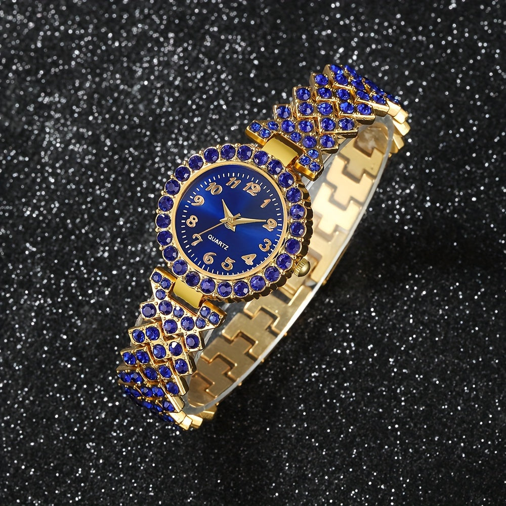 Women's Quartz Watch Set with Heart Jewelry 6-Piece Alloy Round Case Timepieces Earrings Necklace Ring