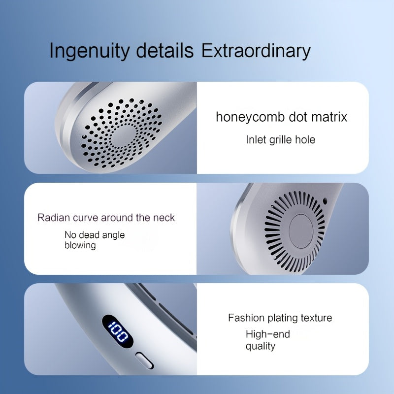 Portable USB Fan with LED Display Handheld Neck Hanging 10-Speed Rechargeable Battery for Travel Outdoor Beach