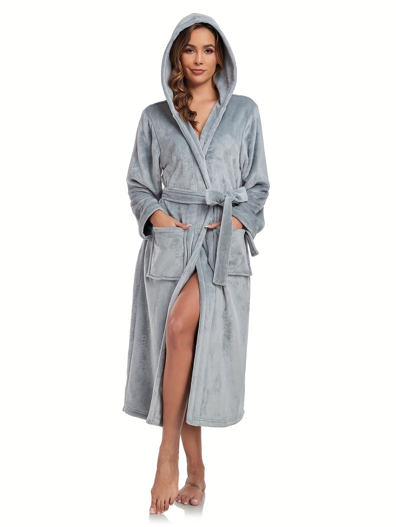 Women's Plush Hooded Nightgown Long Sleeve Belt Pockets Fall Winter Polyester