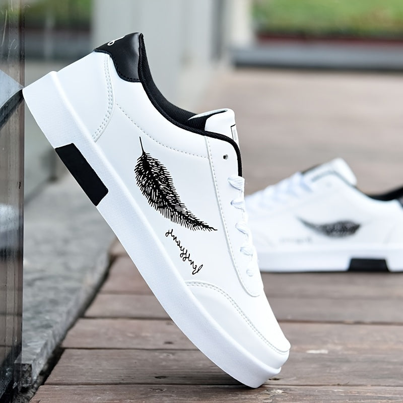 Men's White Sneakers Feather Design Non-slip Lace-up Casual Walking Jogging Travel