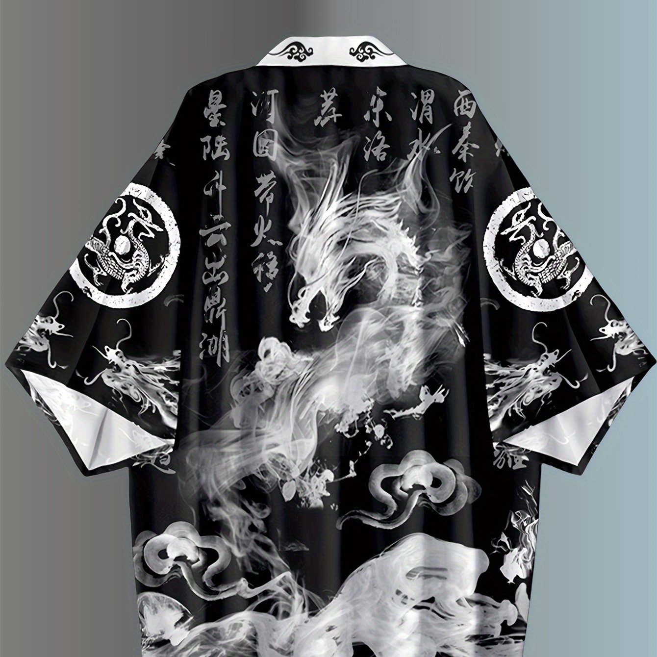 Men's Lightweight Kimono Cardigan with Dragon Print, 3/4 Sleeves, Open Front